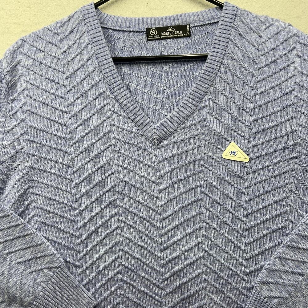 Monte Carlo V Neck Sweater Mens 40 Gray Wool‎ Blend Chevron Knit Pullover